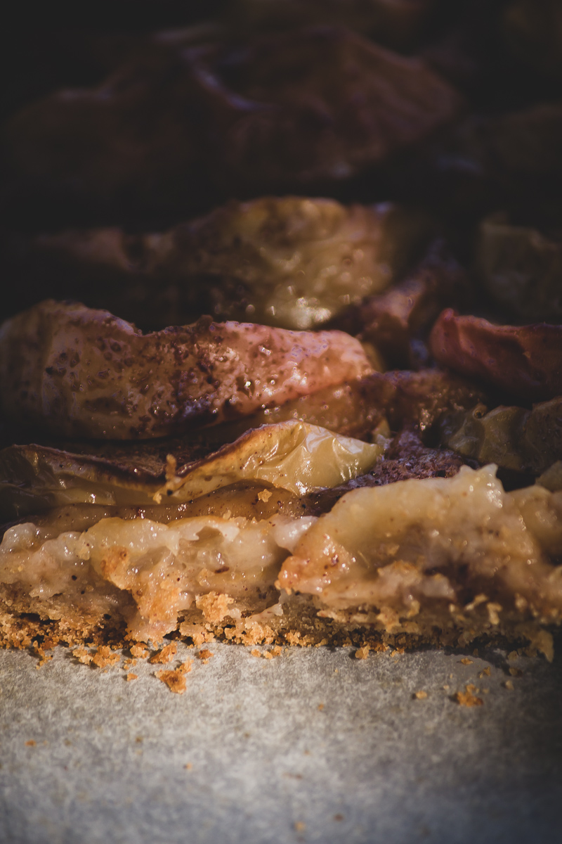 A close up of a slice of delicious cinnamon apple pie on a baking tray